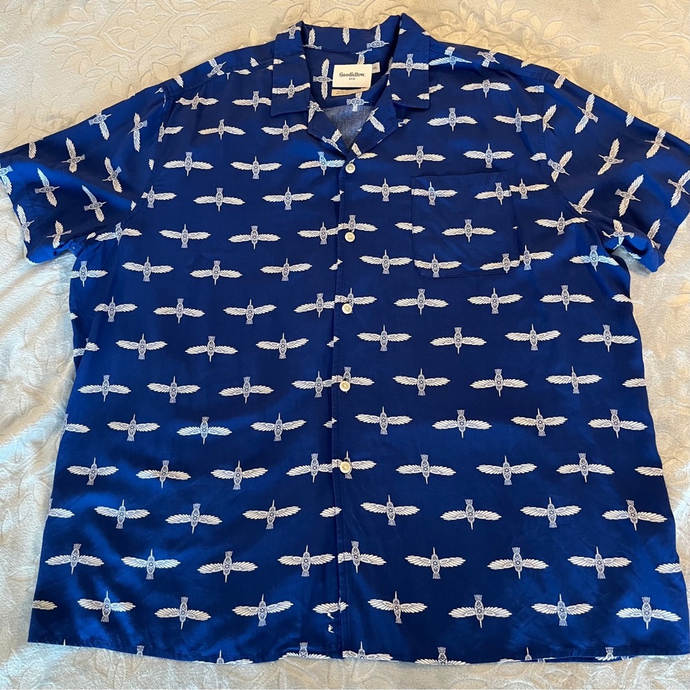 Goodfellow & Co. Mens XXL Blue Bird Print Short Sleeve Button‎ Down Shirt
